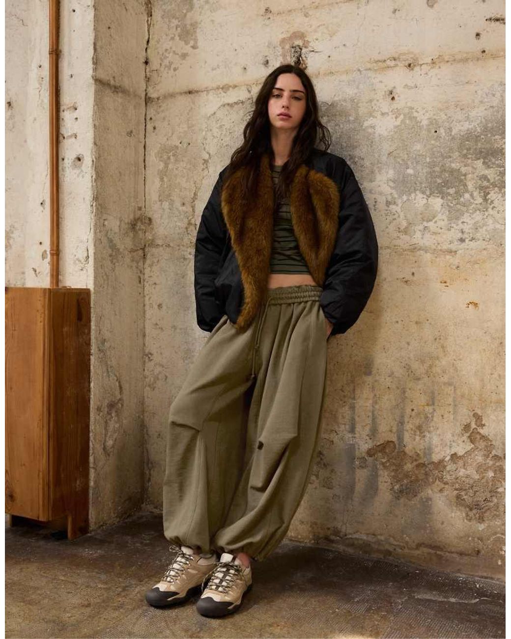 Stradivarius Brown Faux Fur Lapel Bomber Jacket