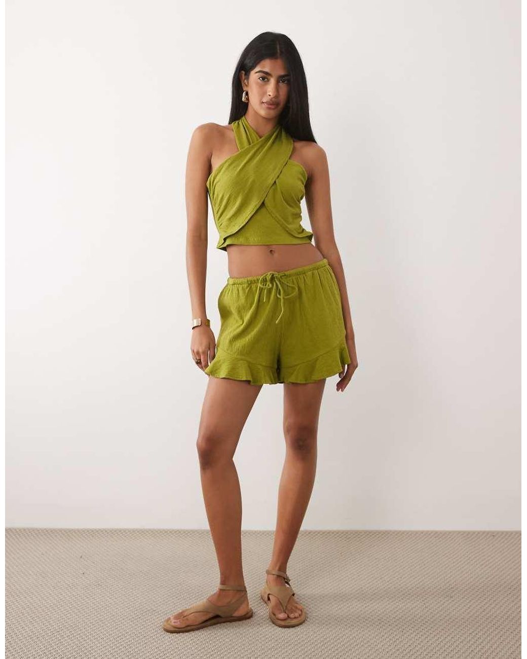 ASOS Green Mix & Match Cotton Crinkle Ruffle Hem Short