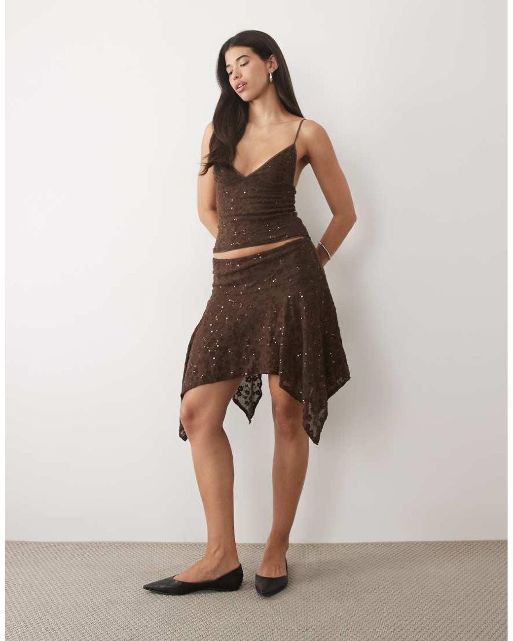 Motel Brown Ashley Hanky Hem Sequin Midi Skirt Co-ord