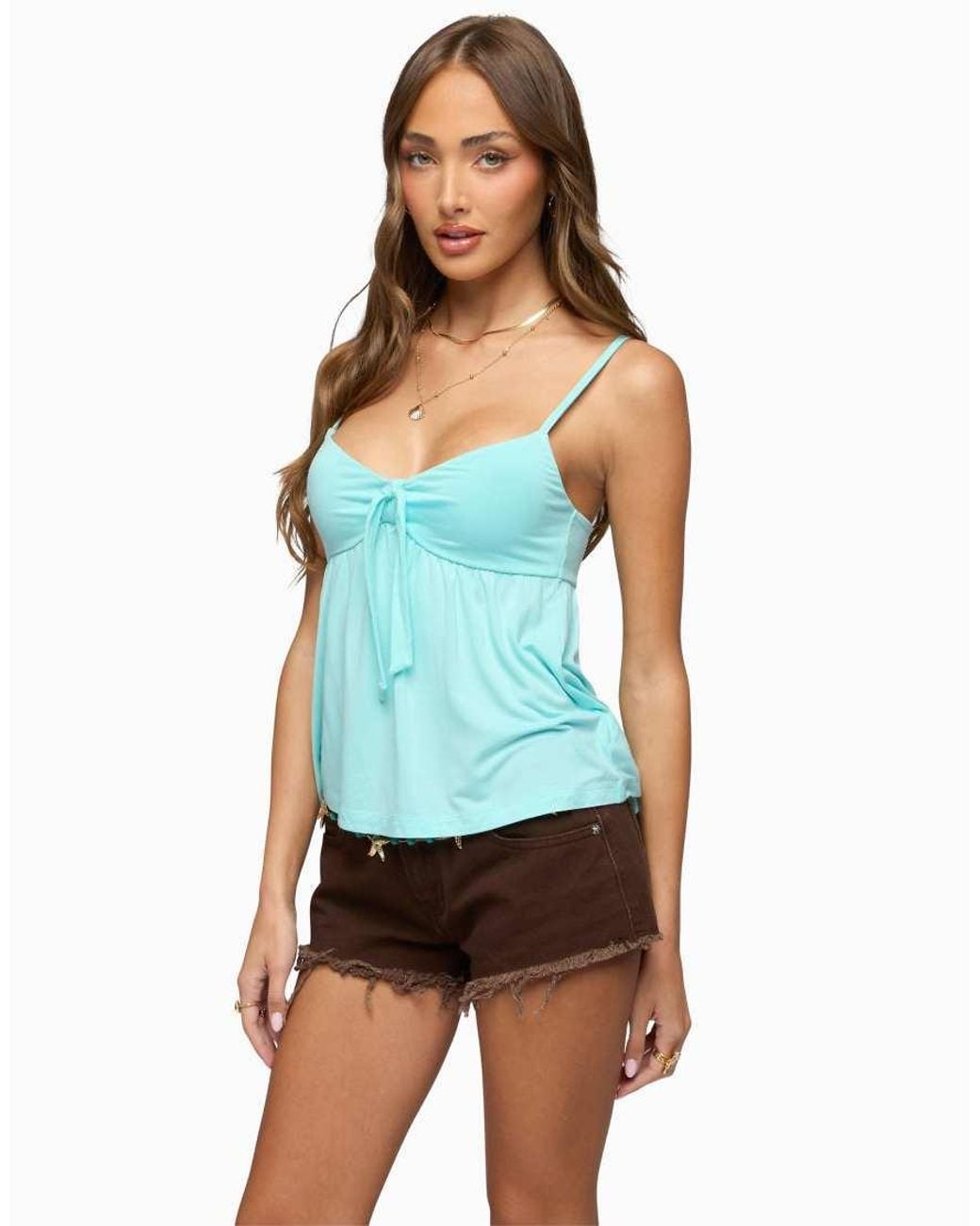 Edikted Blue Michey Tie Front Babydoll Tank Top
