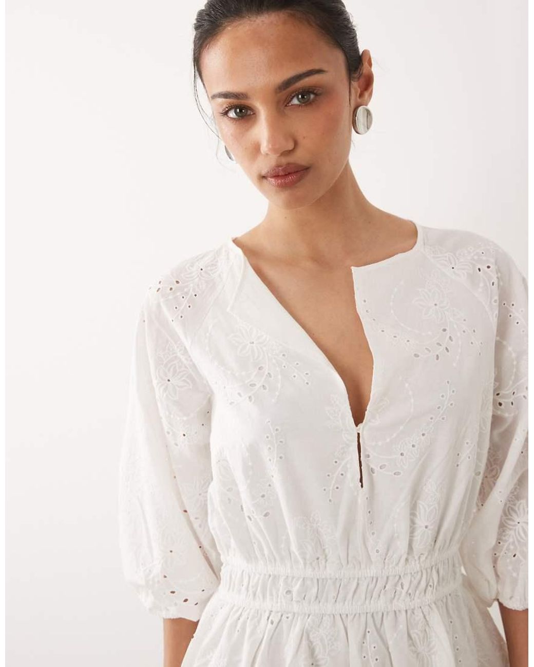 Mango White 100% Cotton Long Sleeve Embroidered Mini Dress