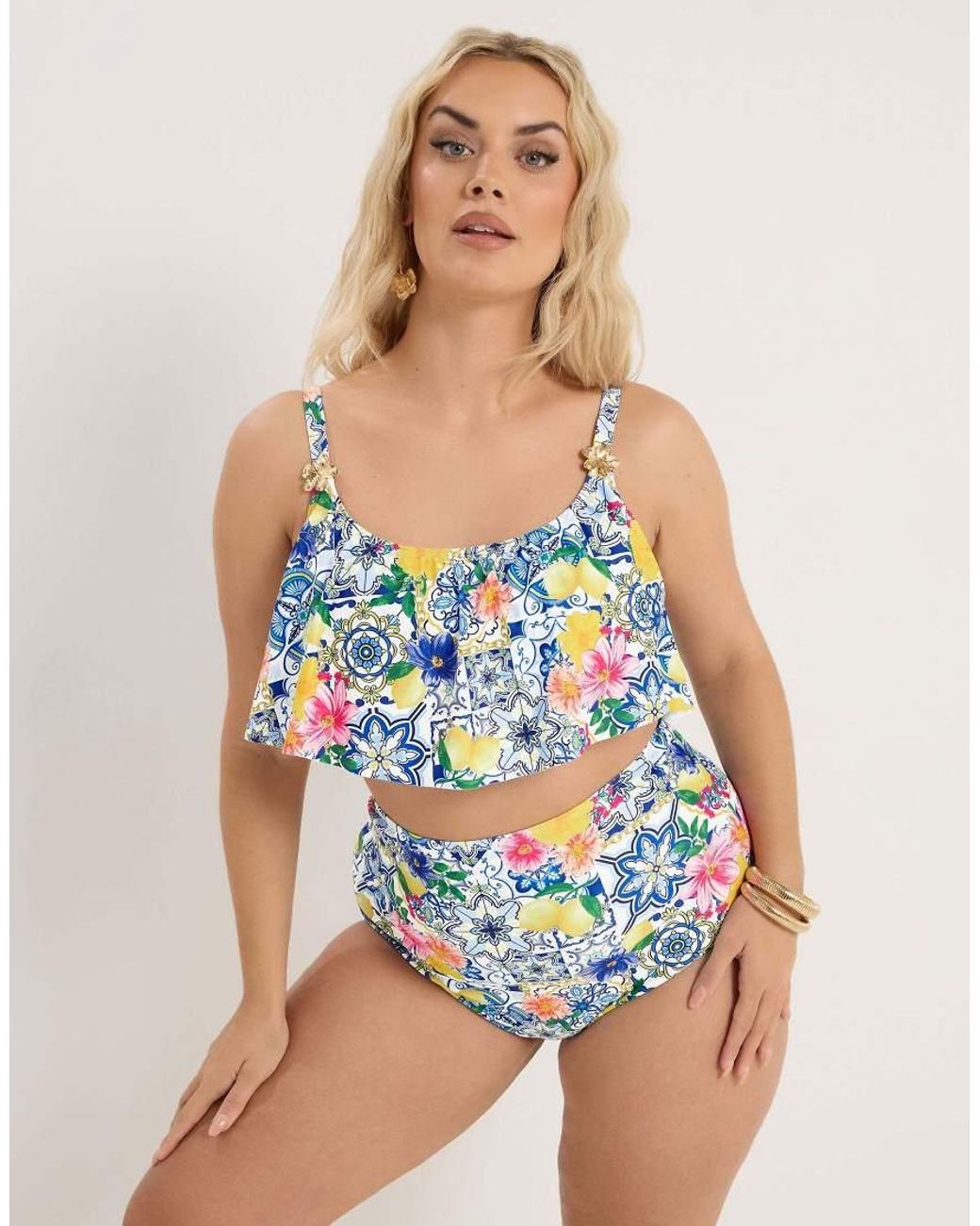 Yours Clothing Blue Mediterranean Frill Bikini Top