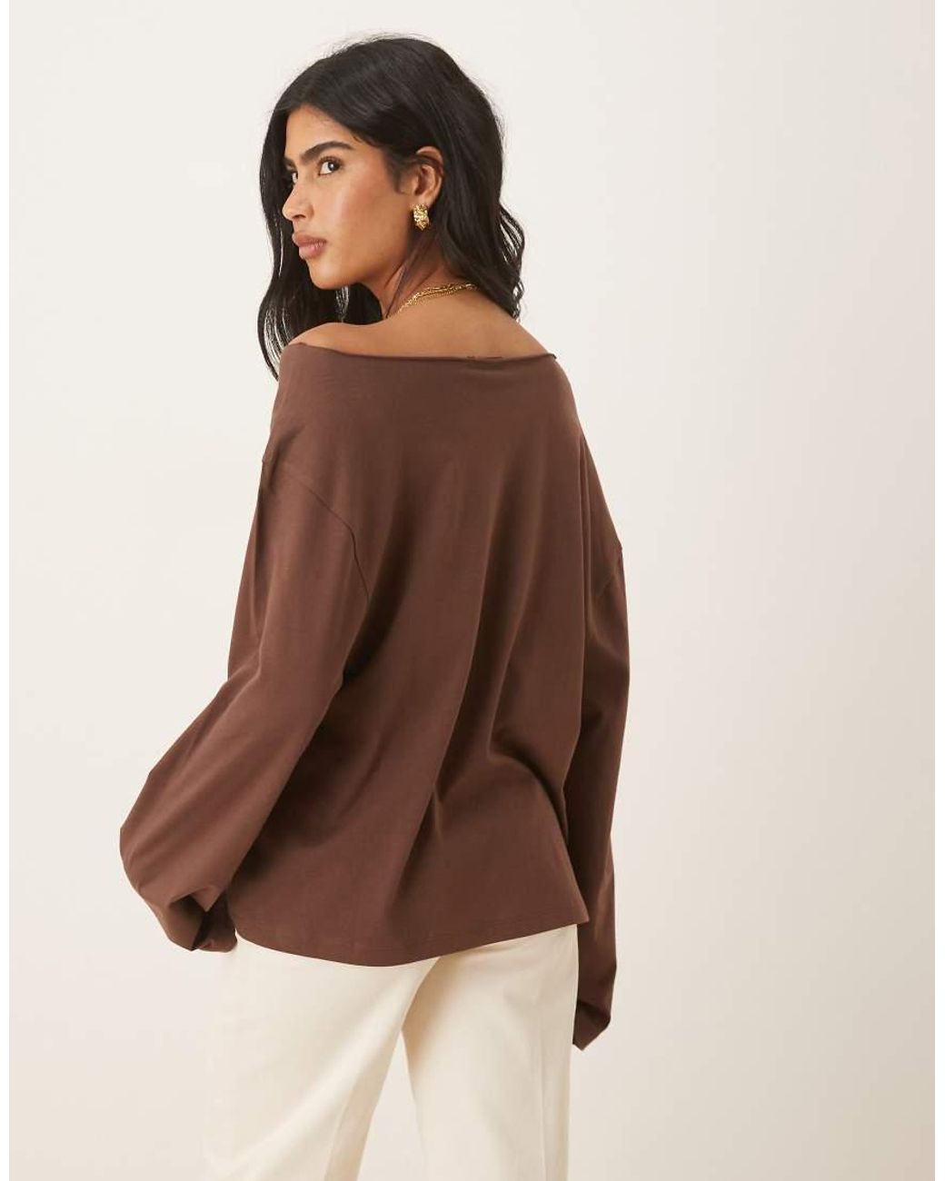 ASOS Brown Off The Shoulder Long Sleeve Tee