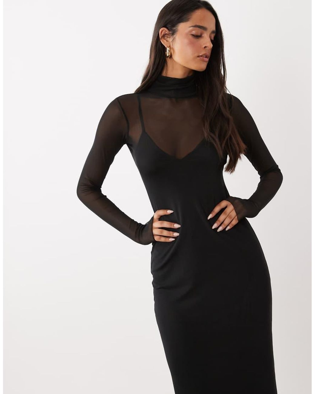 AFRM Black Shailene Mesh Turtleneck Cami Lining Bodycon Midi Dress