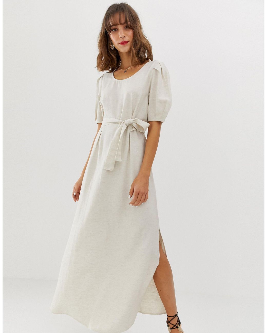 Afstemning gnier måtte Vero Moda Linen Maxi Dress With Volume Sleeve in Natural | Lyst