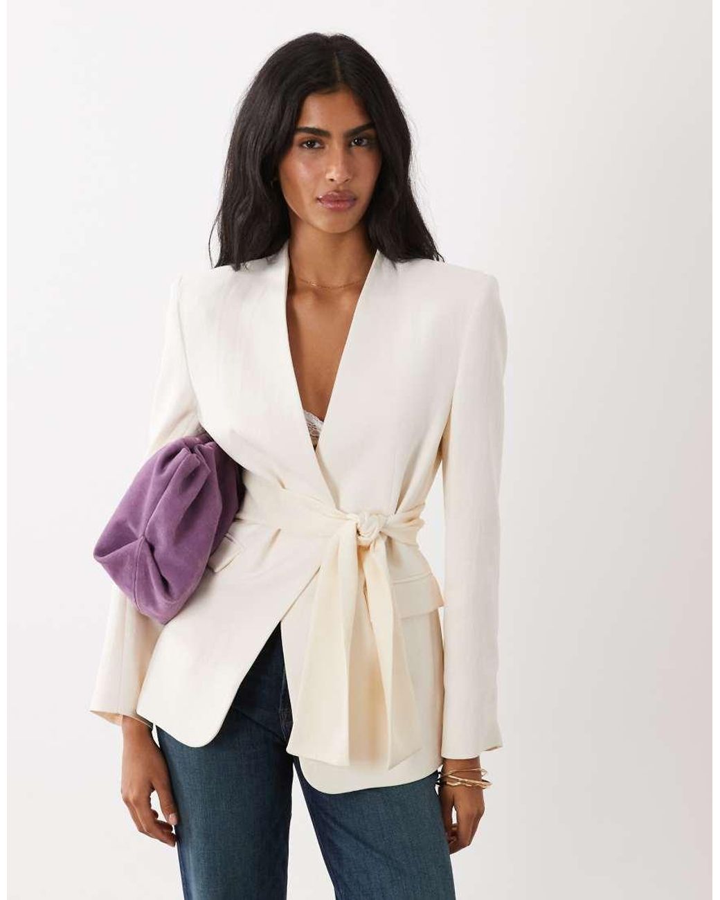 Mango White Newyork Tailored Blazer Co-Ord With Tassle Scarf