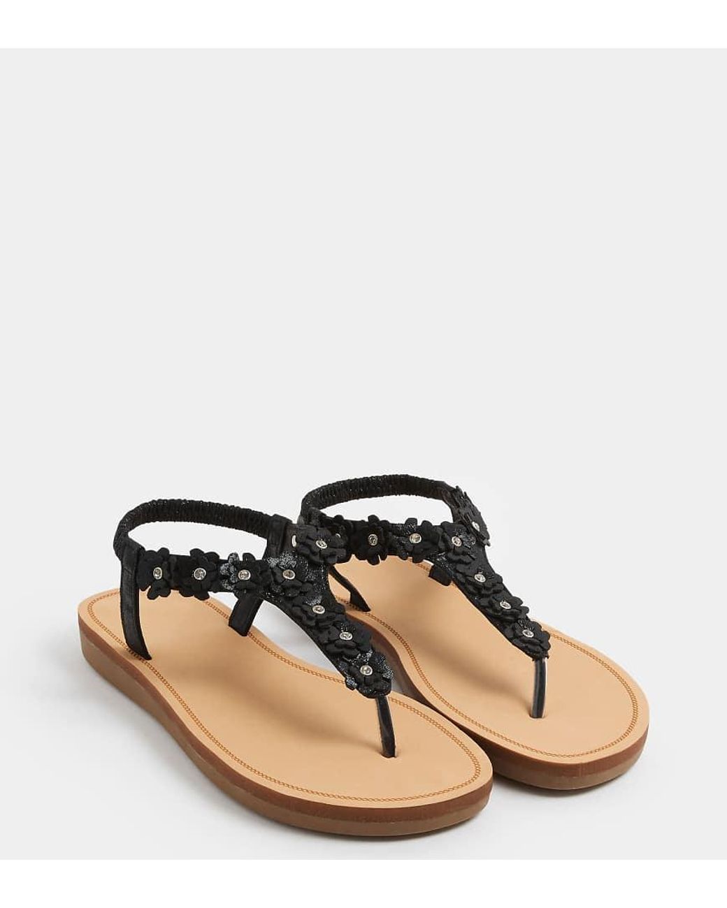 Yours Clothing Black Flower Detail Diamante Sandals