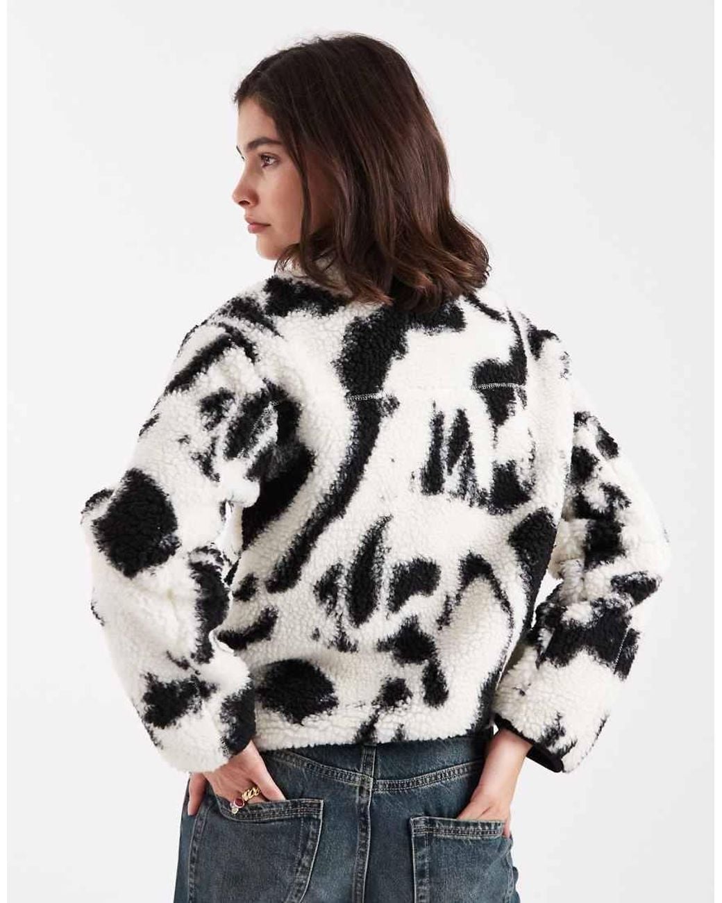 New Look White Abstract Print Borg Jacket