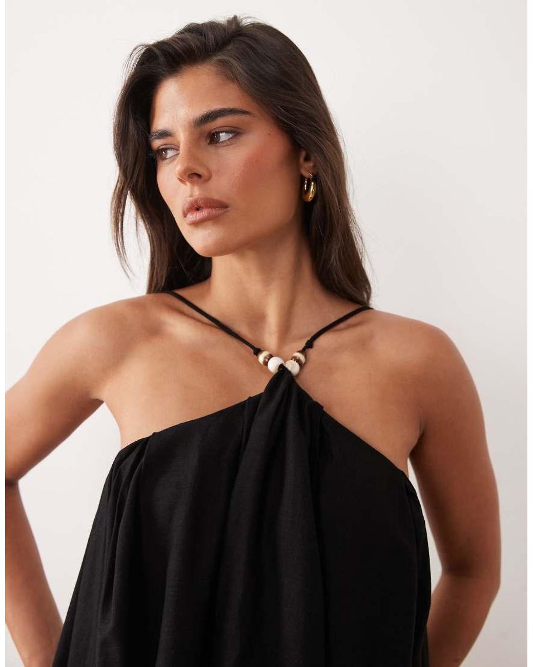 Noughts & Kisses Black Beaded Strap Detail Open Lace Up Back Cotton Mini Dress