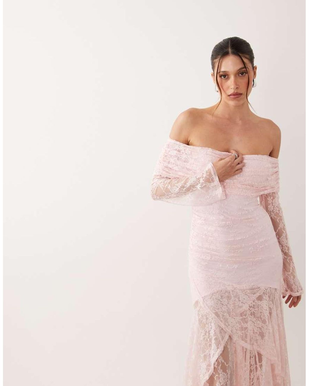 ASOS Pink Lace Off The Shoulder Long Sleeve Maxi Dress