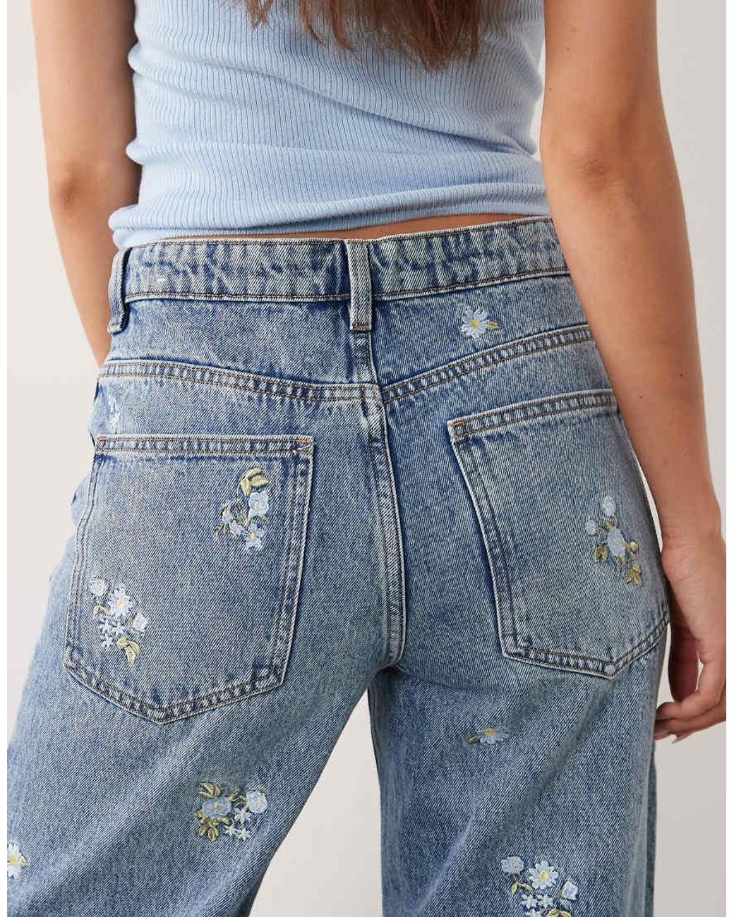 Mango Blue Beverly Cotton Mix Straight Jean With Floral Embroidery