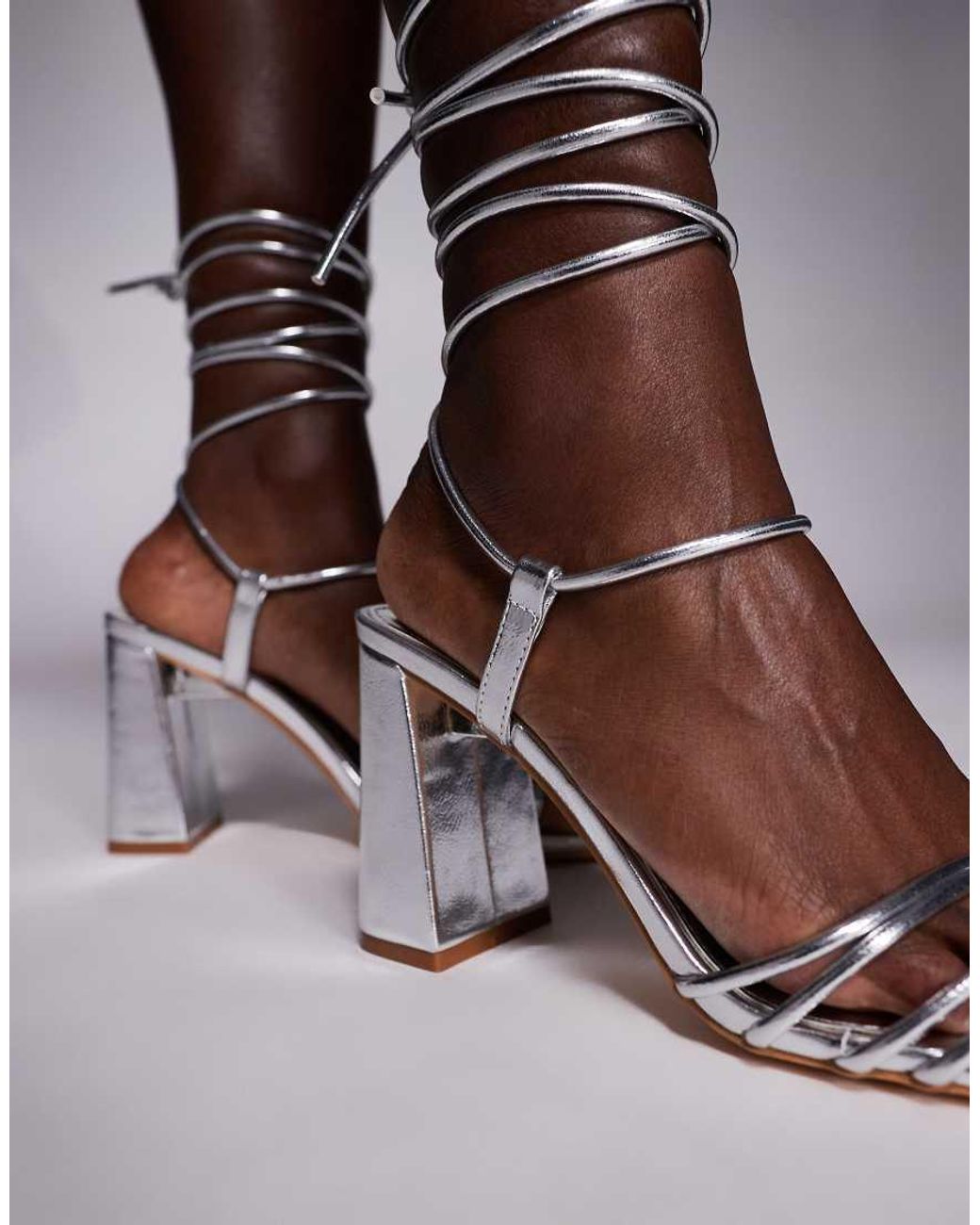 Public Desire Brown Bergamot Tie Leg Block Heeled Sandals
