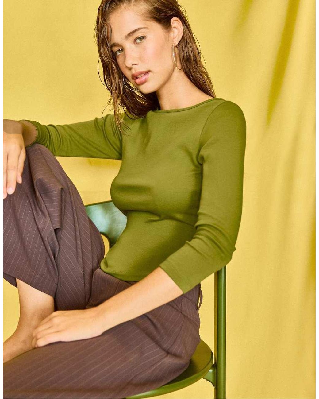Stradivarius Yellow Boat Neck 3/4 Sleeve T-Shirt