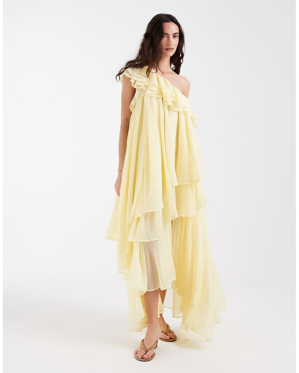 Muse Assembly Natural Boho One Shoulder Tiered Ruffle Maxi Dress