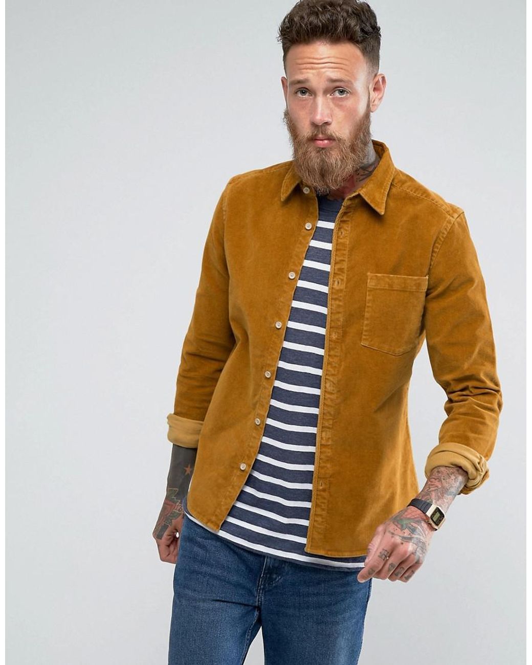 ASOS Corduroy Slim Fit Cord Shirt In Mustard for Men Lyst