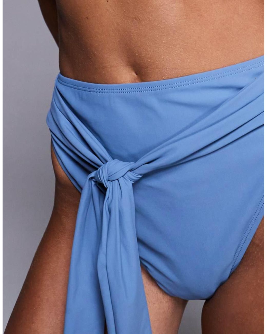 ASOS Blue Penelope Pleat High Leg High Waist Bikini Bottom With Front Tie