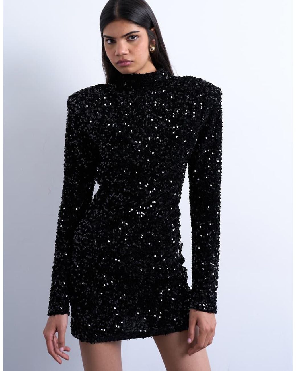 TOPSHOP White Long Sleeve Velvet Sequin Mini Dress With Shoulder Pads