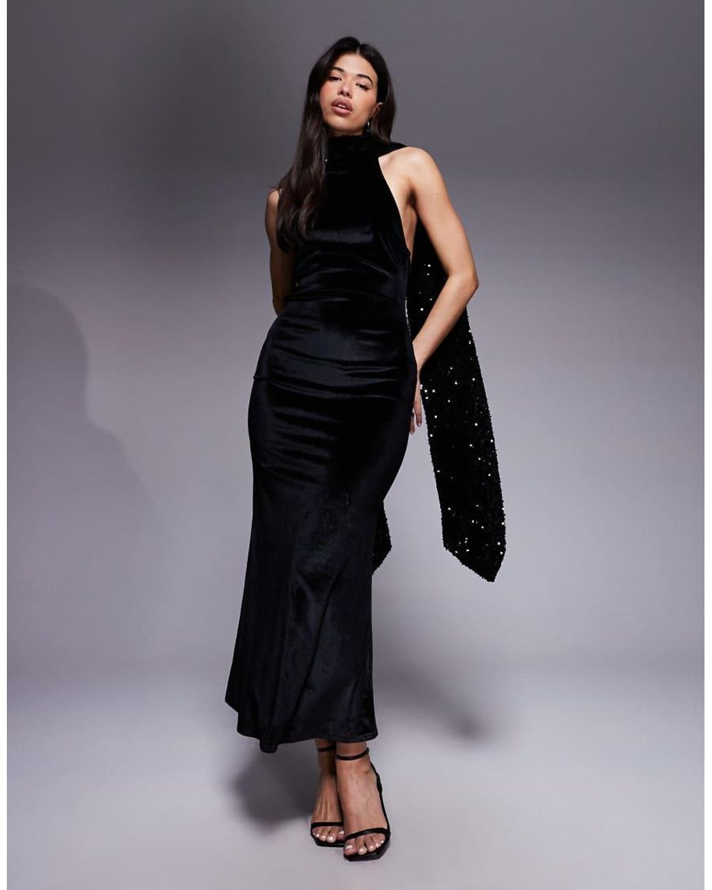 ASOS Blue Velvet Sequin Maxi Dress With Scarf Detail And Open Back