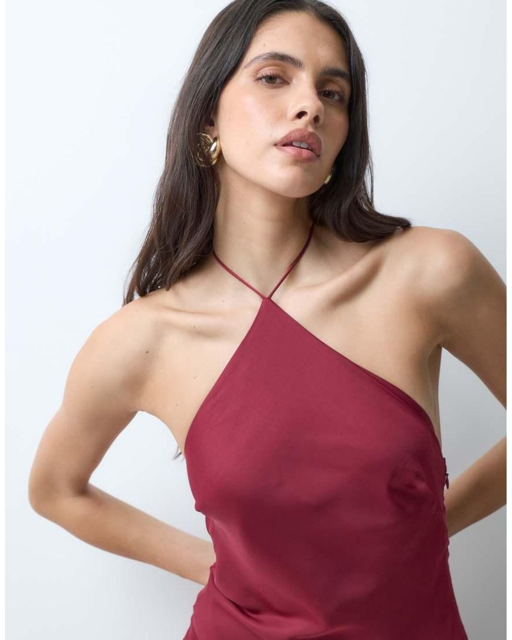 ASOS Red Halter Neck Asymmetric Hem Maxi Dress With Embellished Tie Ends
