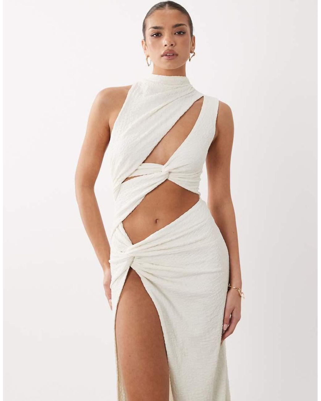 Noughts & Kisses Textured High Neck Cut-out Thigh Slit Maxi Dress in White