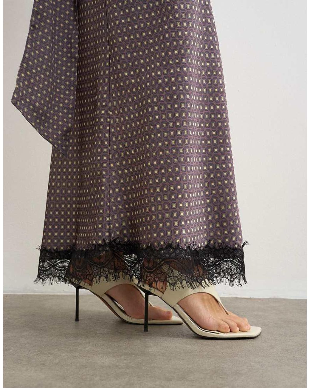 TOPSHOP Brown Satin Geo Print Lace Trim Maxi Skirt Co Ord