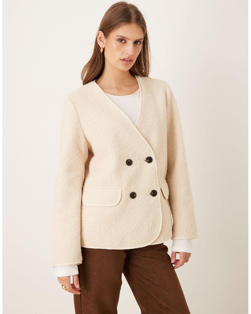 Vila Natural Teddy Jacket With Button Details