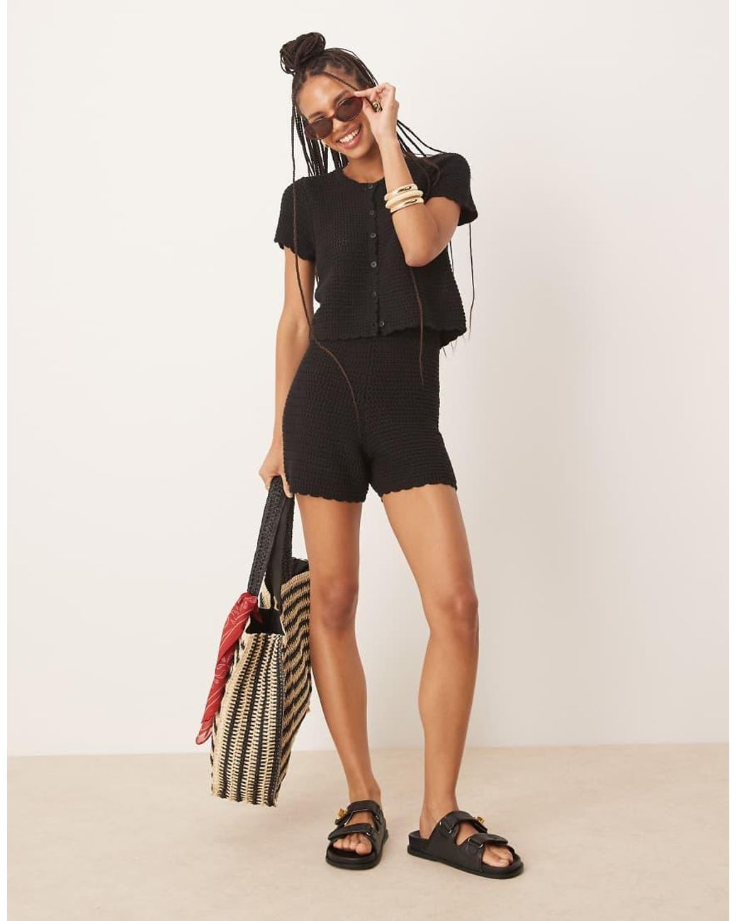 Gina Tricot Black Co-Ord Crochet Button Up Short Sleeve Top