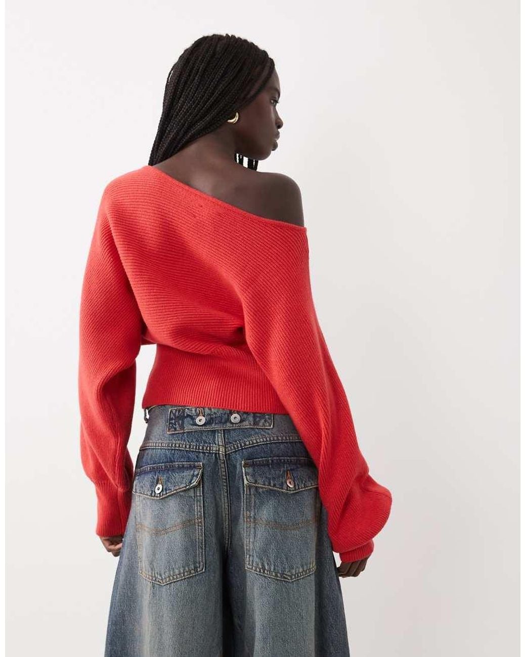 ASOS Red Structu Ribbed Nipped Waist Slash Neck Jumper