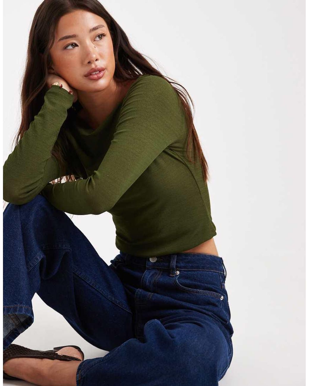 ASOS Green Textured Mesh Slash Neck Long Sleeve Top