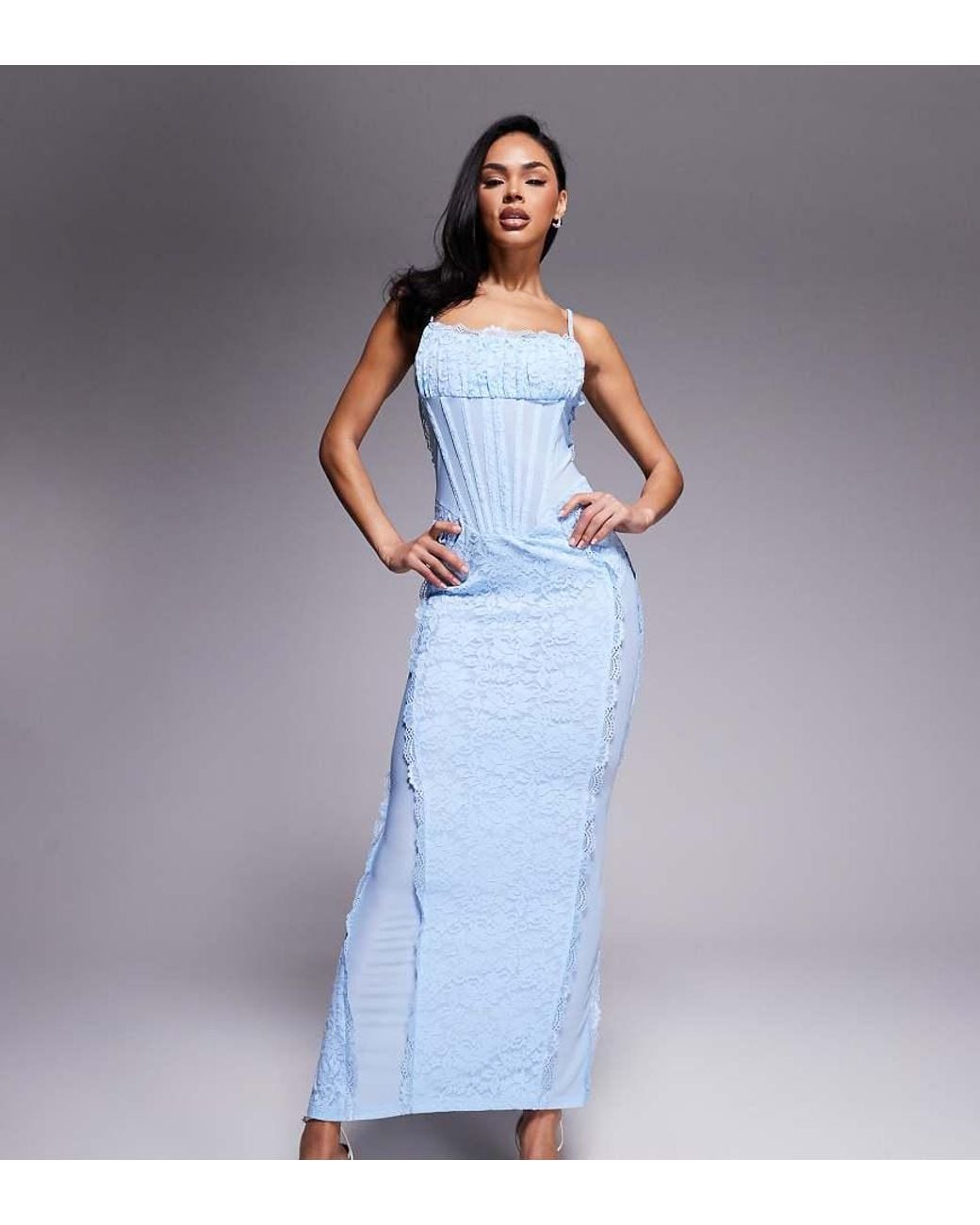 murci blue dress Exclusive Lace Corset Detail Cami Maxi in Silver hardware on the