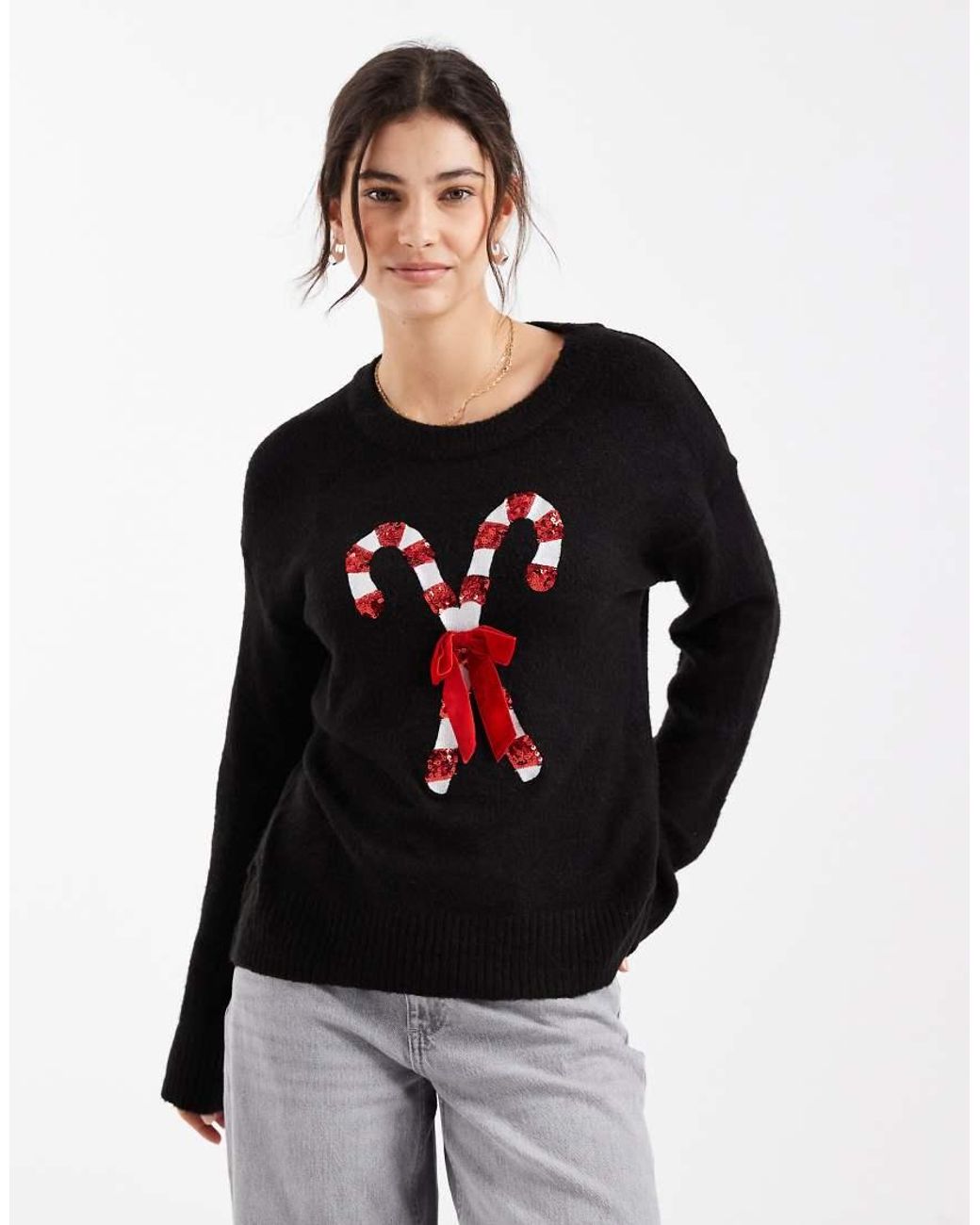 Brave Soul Black Oversized Christmas Sweater With Sequined Candy Cane Detailing