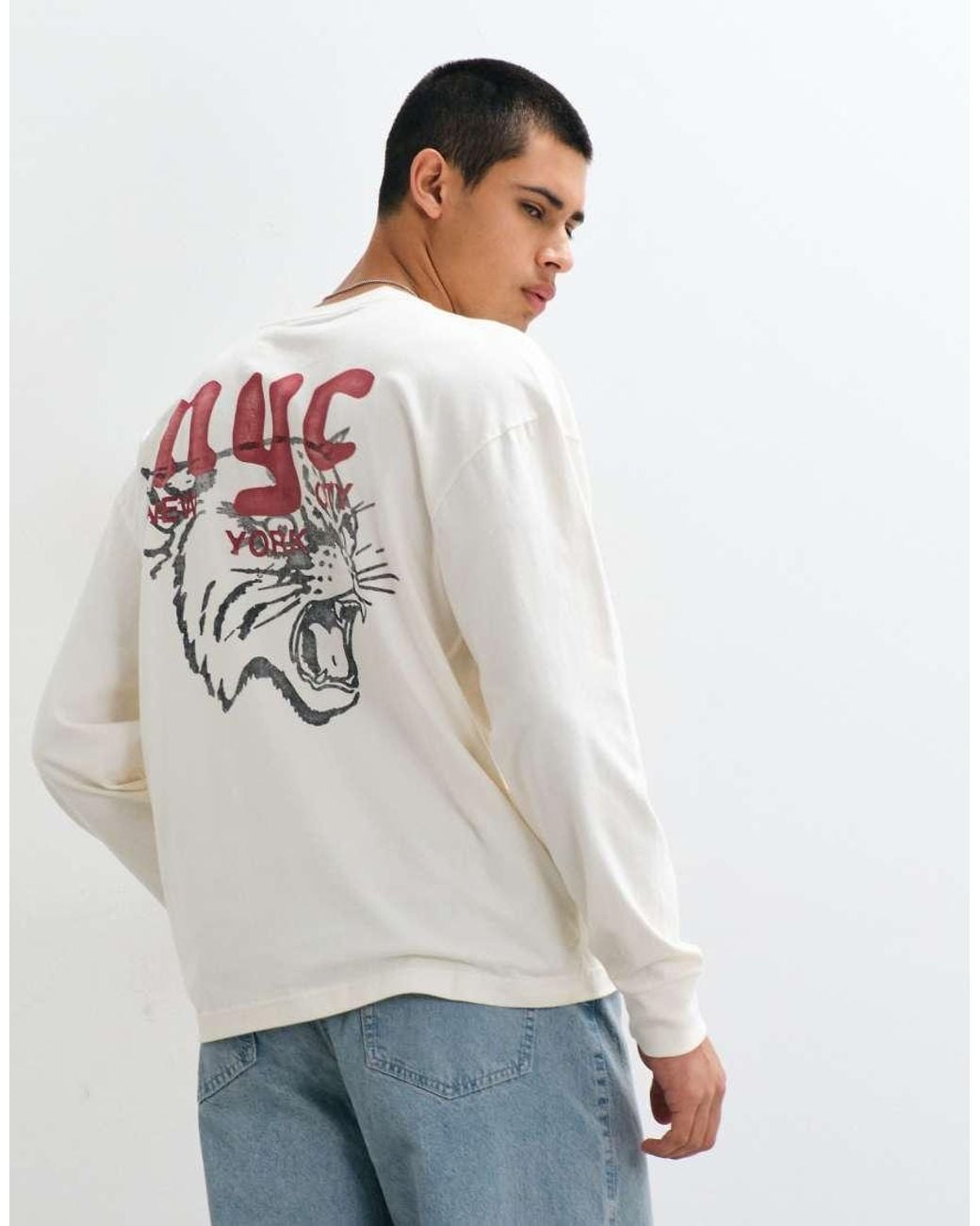 Hollister White Grunge Nyc Back Graphic Long Sleeve T-shirt for men