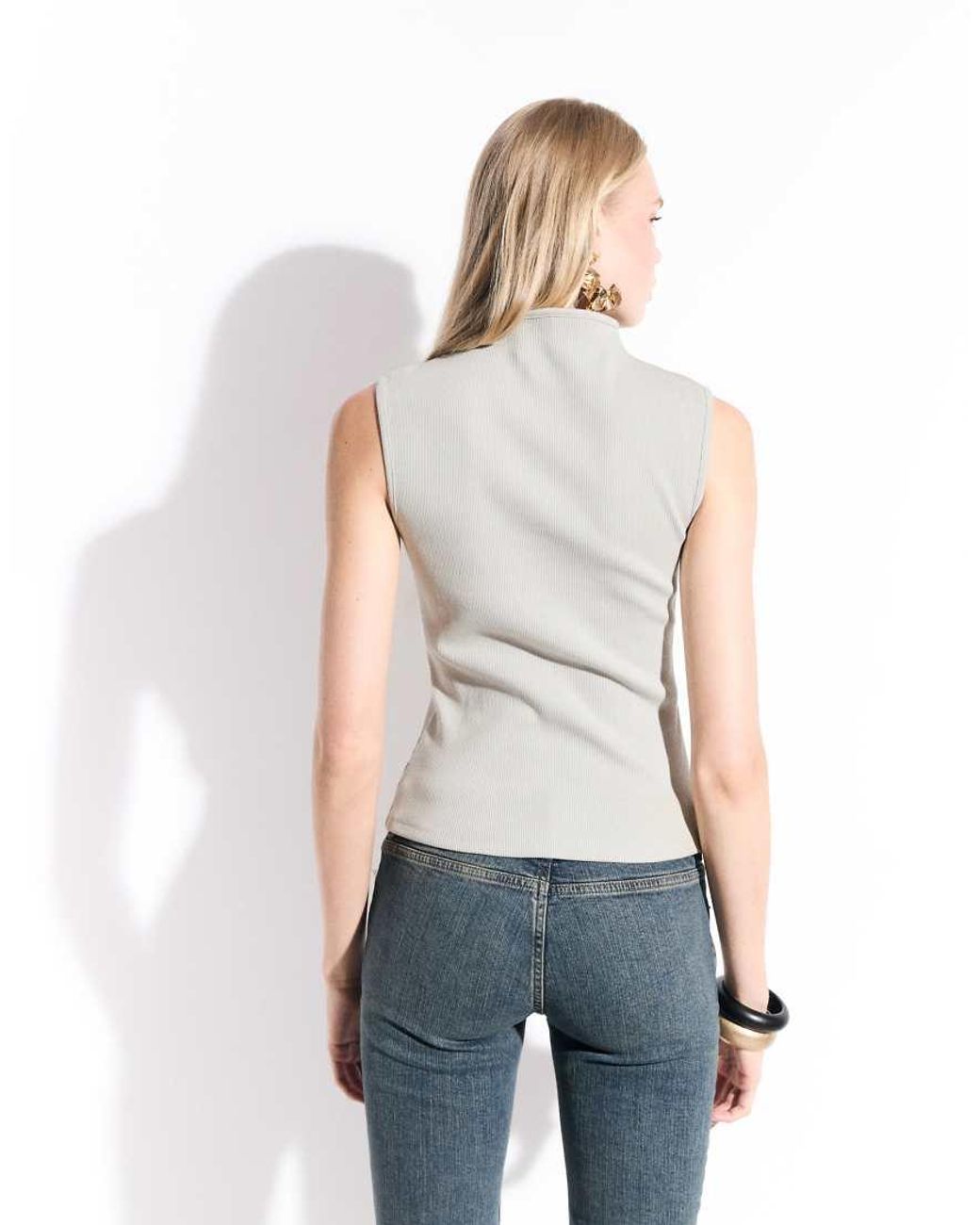 Weekday Natural Asymmetric Button Down Mock Neck Top