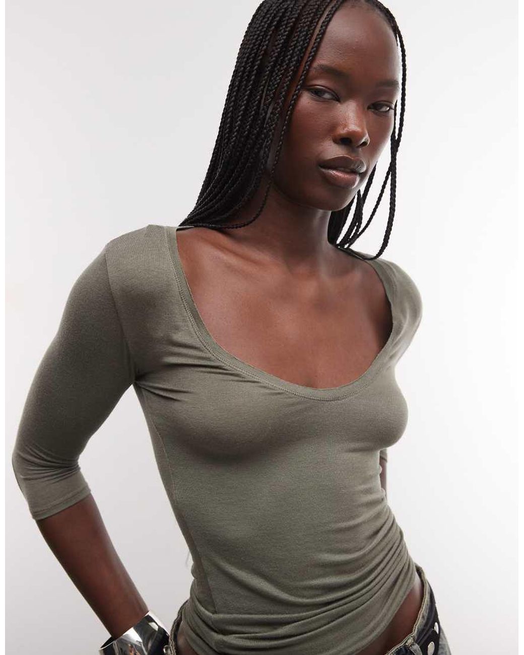 Weekday Gray V Neck 3/4 Sleeve Top