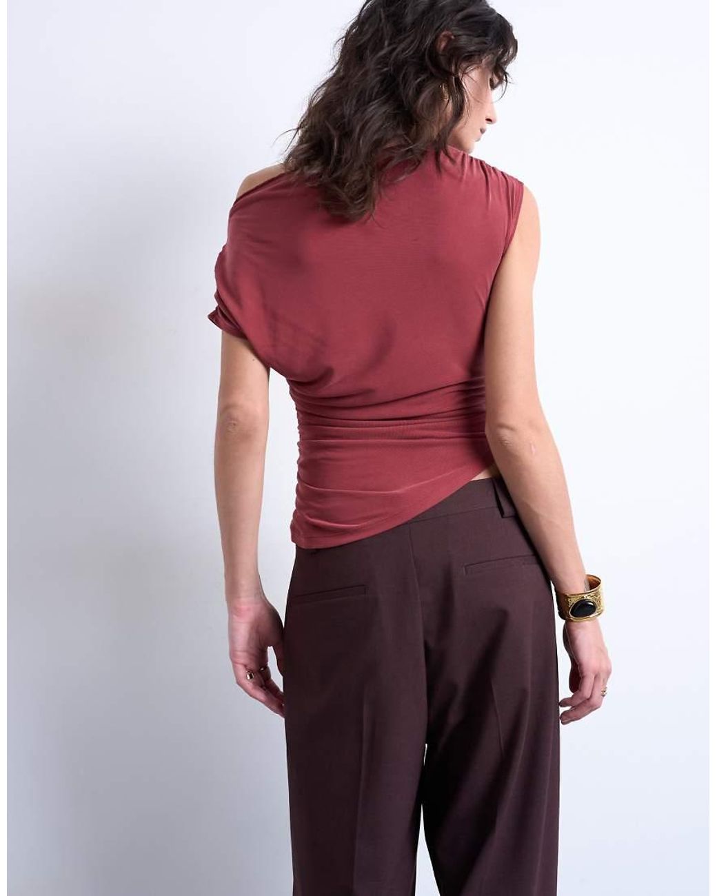 TOPSHOP Red Cupro Ruched Detail Top