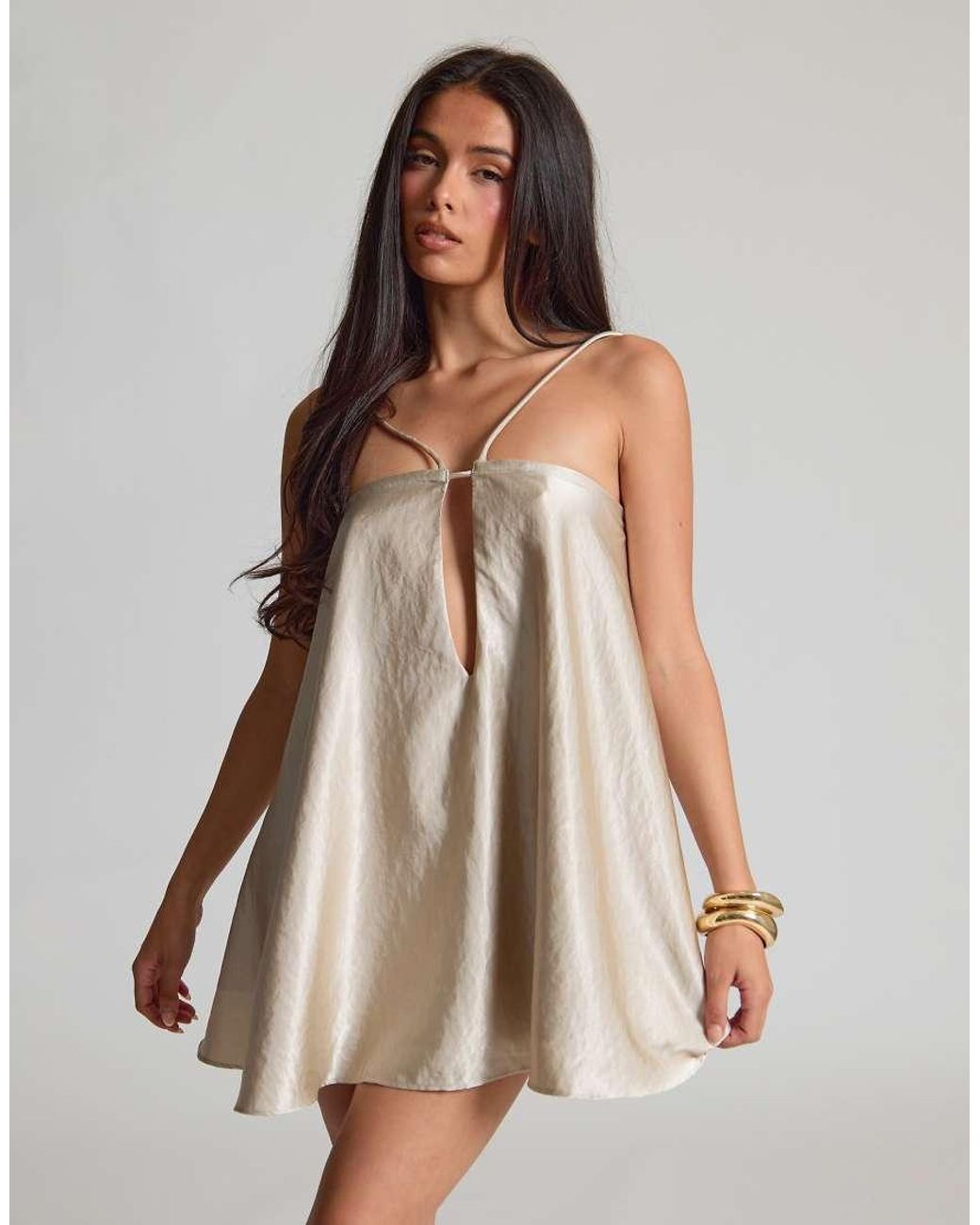 Missy Empire Natural Satin Strappy Floaty Mini Dress
