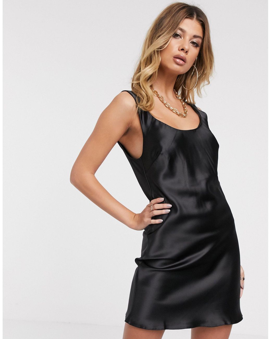 ASOS Scoop Neck Super Mini Satin Slip Dress in Black | Lyst