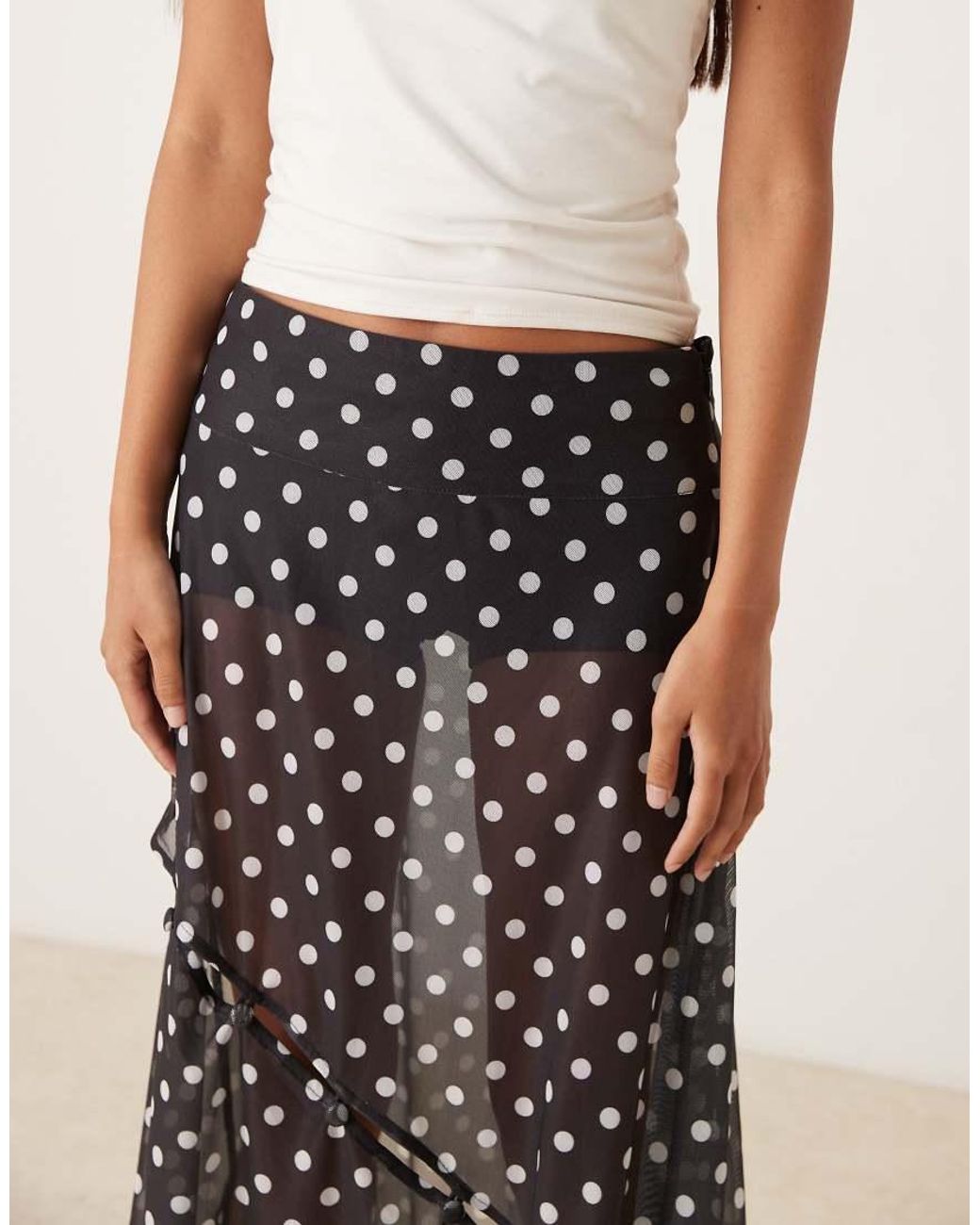 House Of Sunny Natural Polka Dot Mesh Button Detail Midi Skirt
