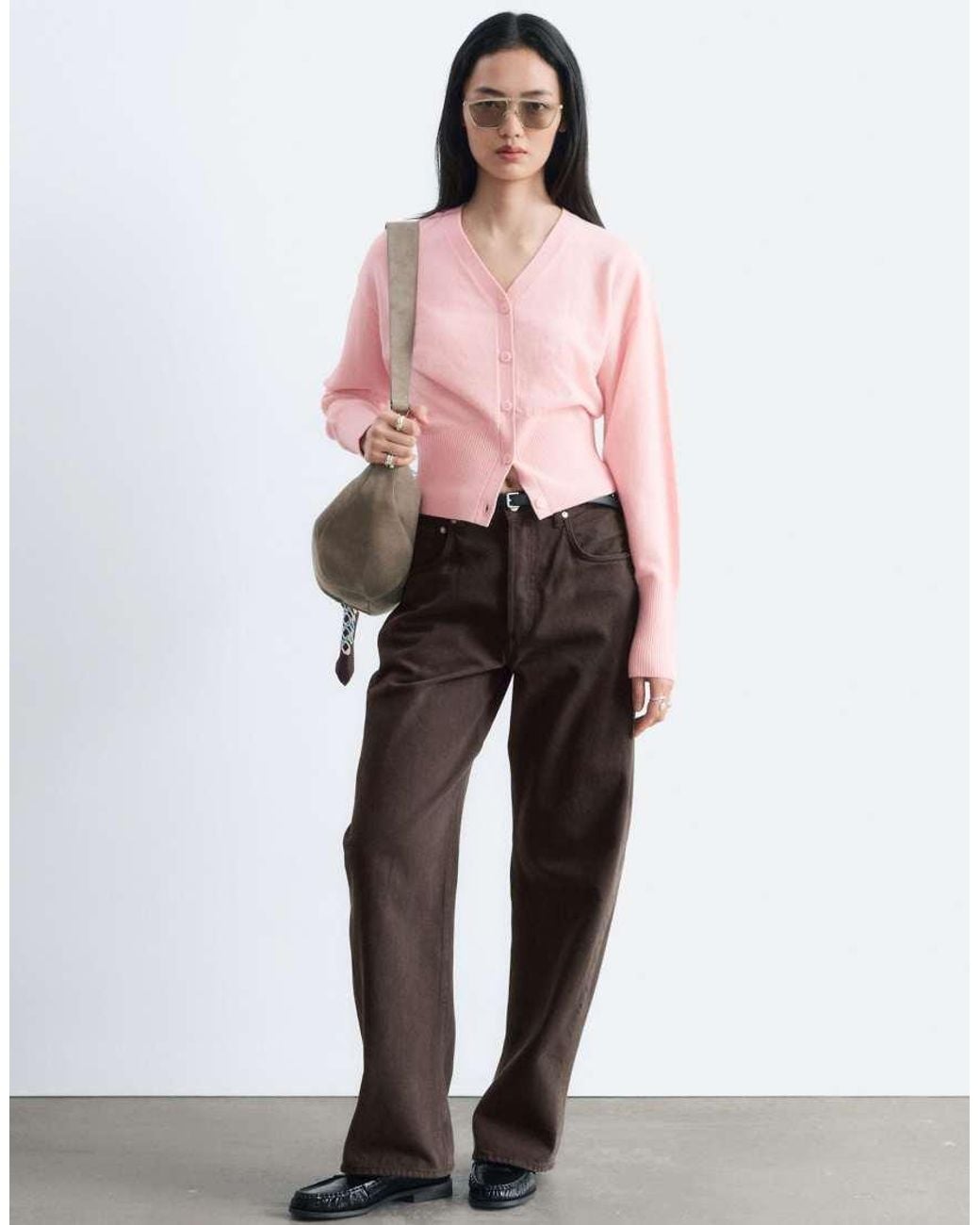 & Other Stories Pink 100% Wool Cuffed Sleeve V Neck Fitted Cardigan With Buttons
