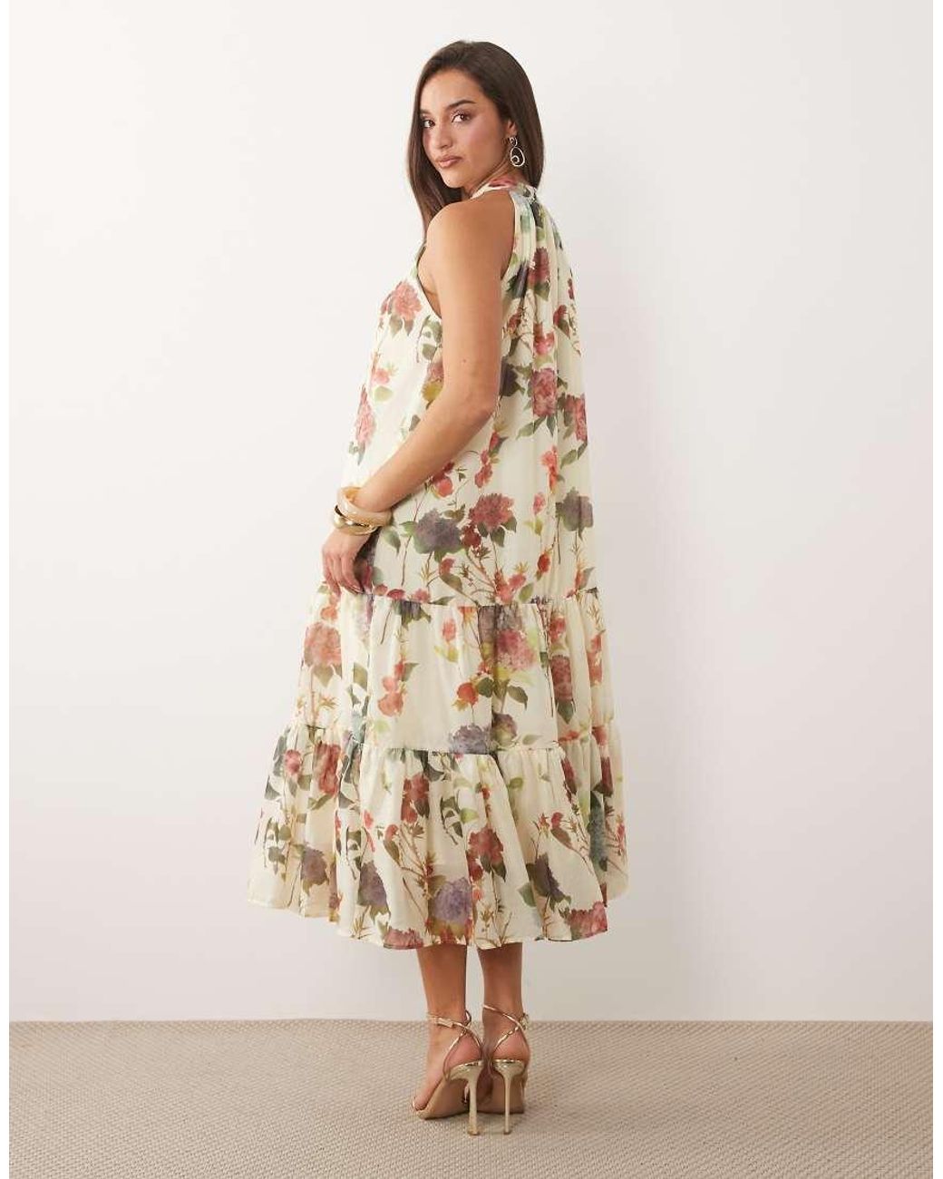 Vila Natural Halter Neck Tiered Midi Dress