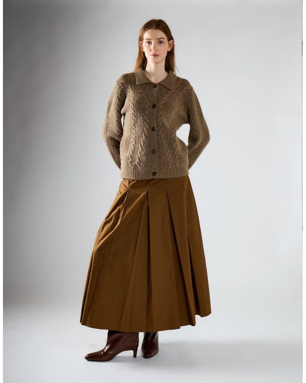 Glamorous Brown Ribbed Collar Cable-Knit Cardigan