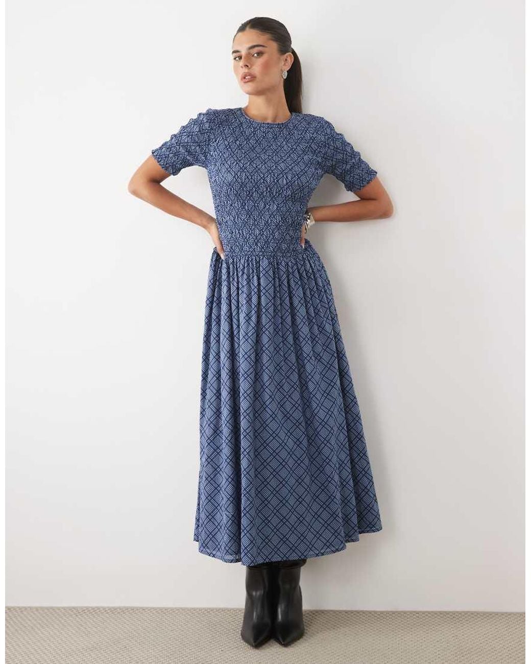 Nobody's Child Blue Shay Cotton Shirred Puff Sleeve Midi Dress