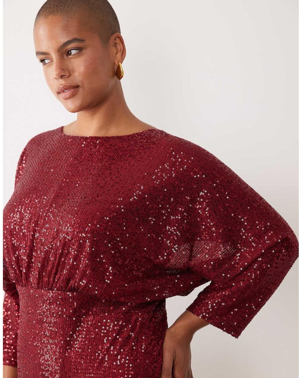 Tfnc Plus Red Sequin Mesh Kimono Sleeve Thigh Split Maxi Dress