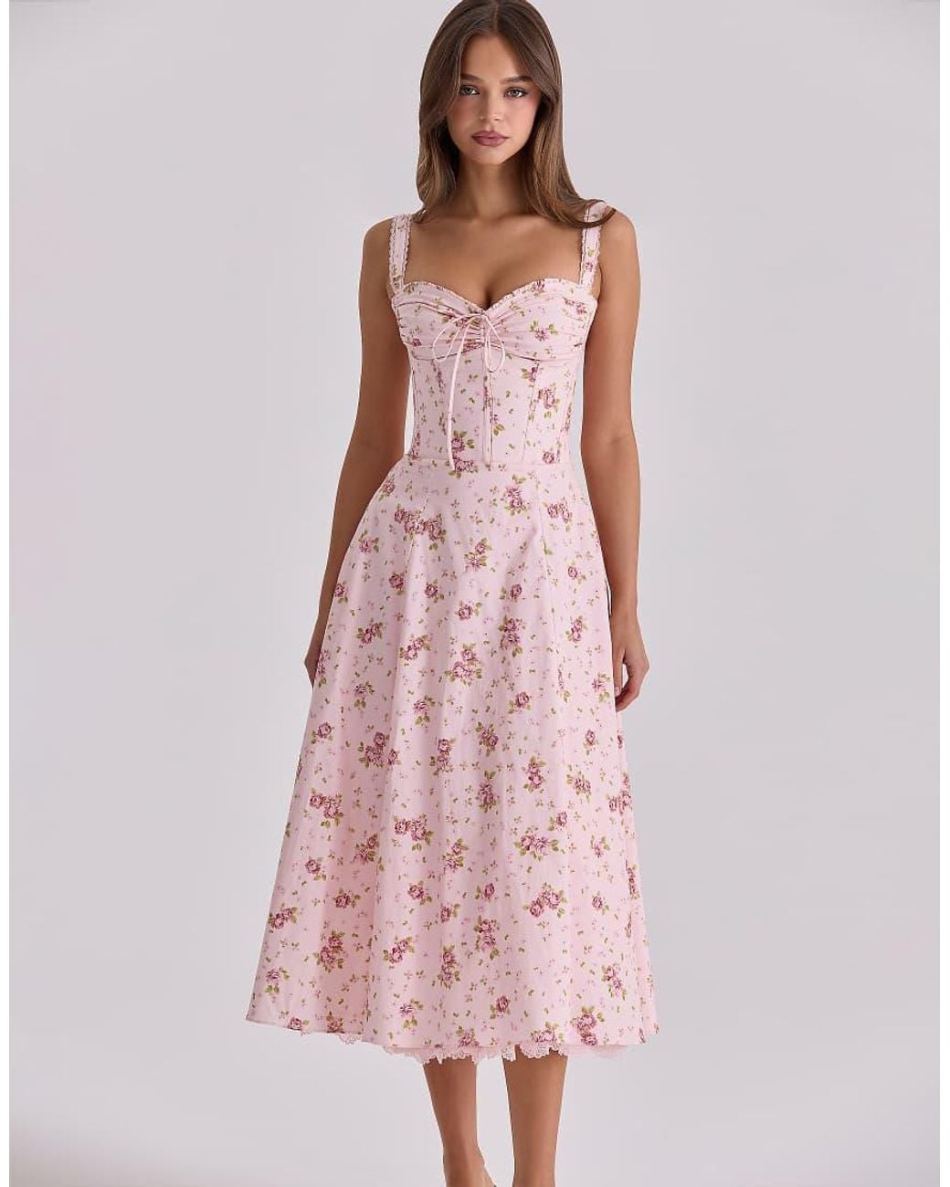 House Of Cb Pink Rosalee Vintage Rose Floral Print Midi Dress
