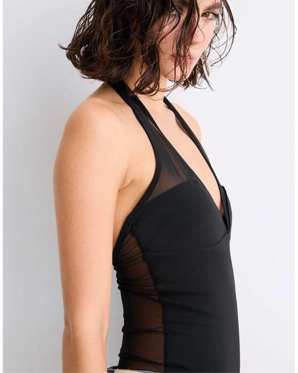 Stradivarius Gray Mesh Halter Bodysuit