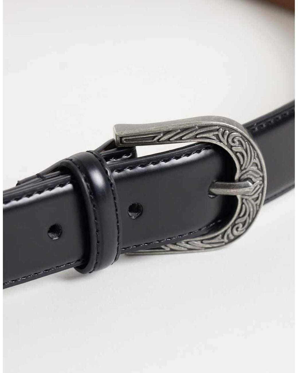 ASOS Gray Faux Leather Belt With Western Pattern Buckle And Stitch Edge for men