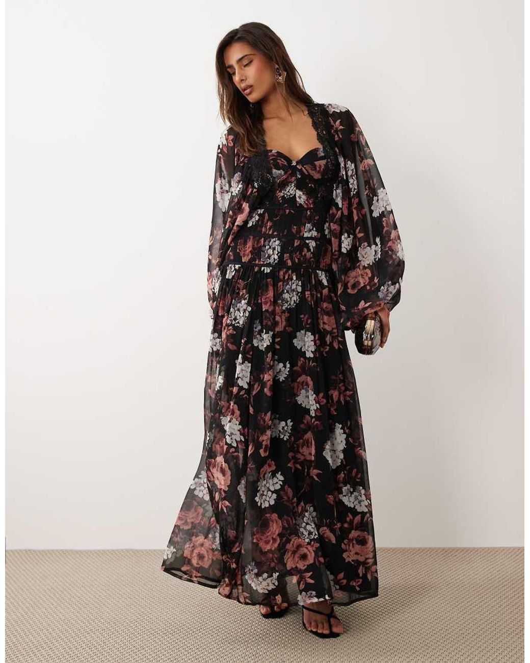 ASOS Brown Lace Trim Long Sleeved Corset Detail Maxi Dress