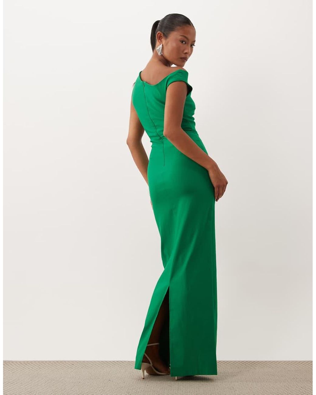 Vesper Green Petite Bengaline Off Shoulder Ruched Front Maxi Dress