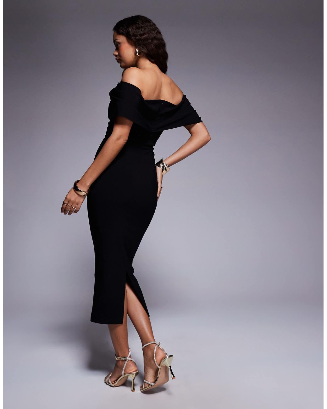 Vesper Petite Black Bengaline Bardot Drape Sleeve Detail Midaxi Dress