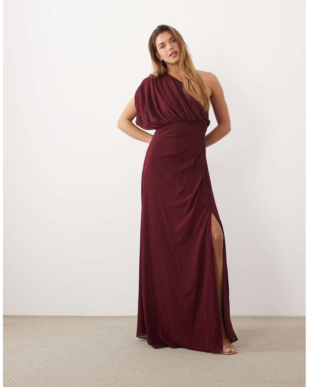 TFNC London Red Chiffon One Shoulder Draped Maxi Dress